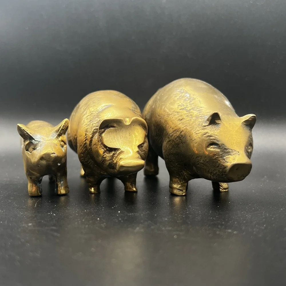 3 Vintage Solid Brass Pig Family Figures Ornaments Three Little Pigs Retro Heavy